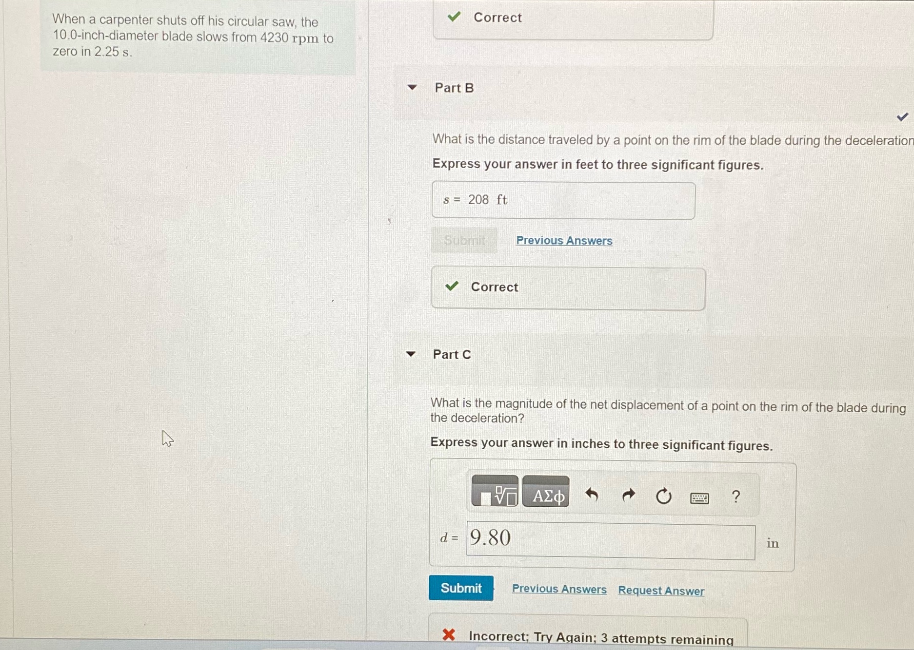 Solve for part c When a carpenter shuts off his circular saw,
