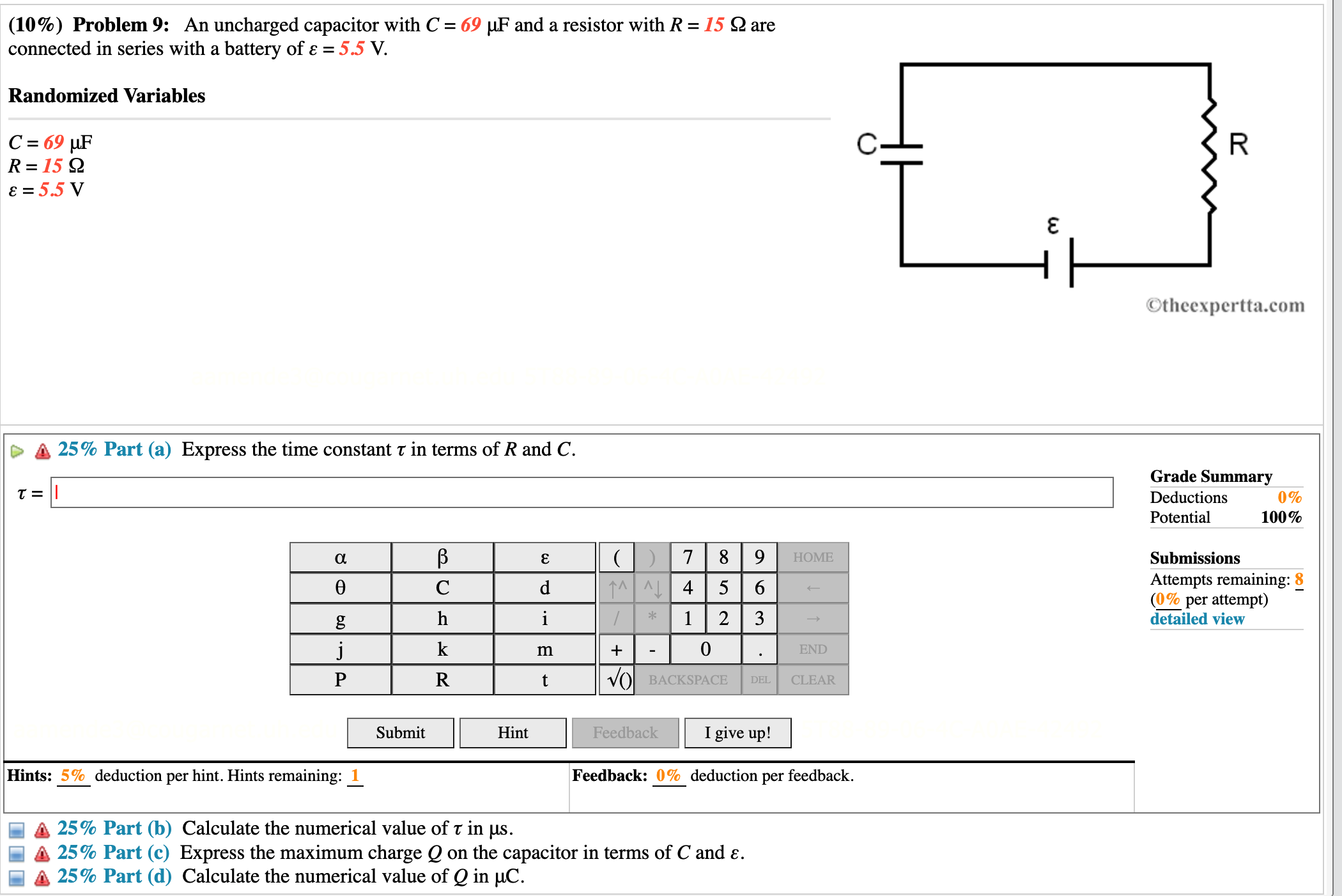 (10%) Problem 9: An uncharged capacitor with C = 69 uF