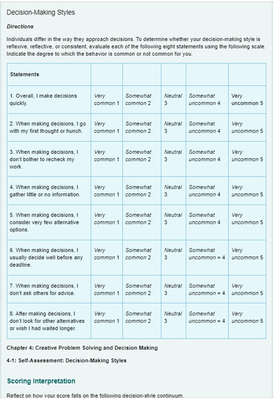 Skill Builder 4-1 exercise "Making a Decision Using the Decision-Making Model". Upon