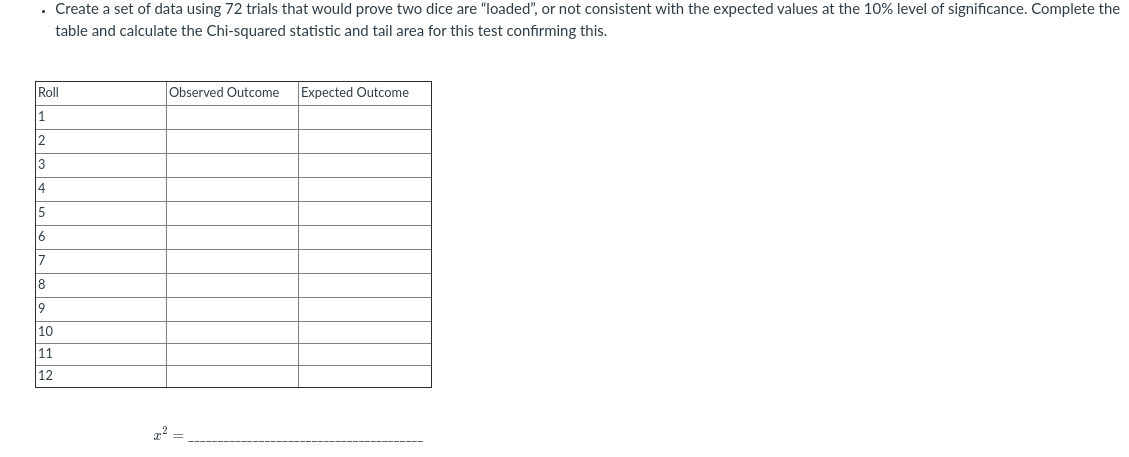 . Create a set of data using 72 trials that would