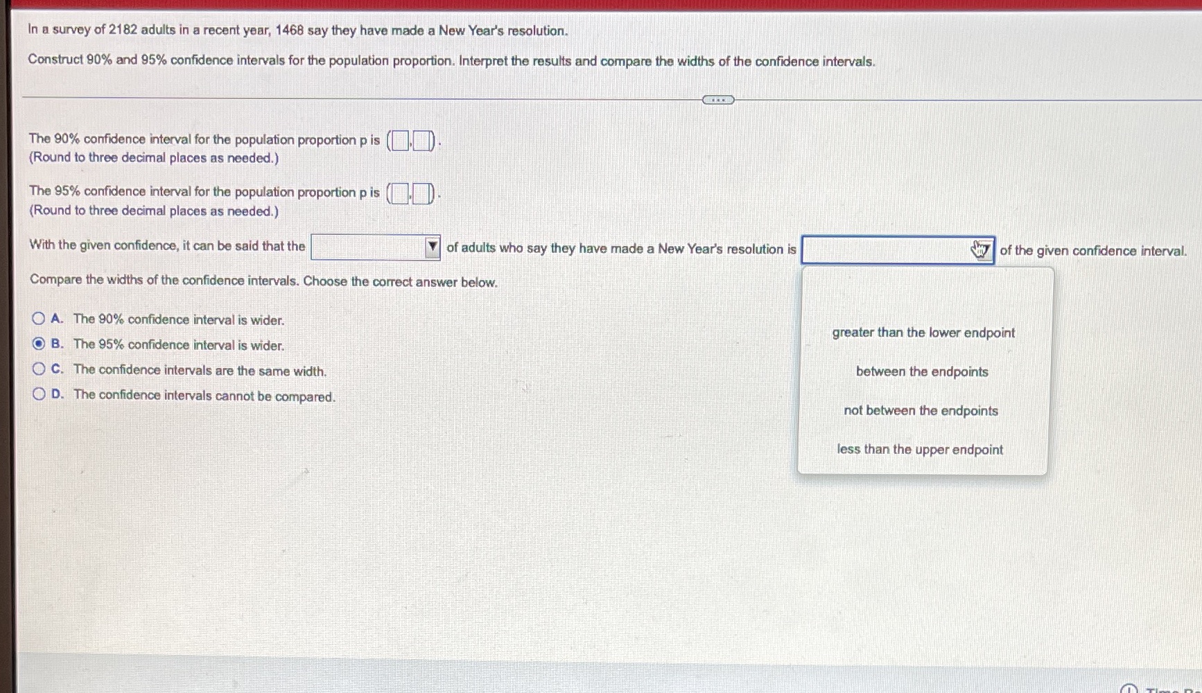 The options for the first drop down blank are sample proportion or