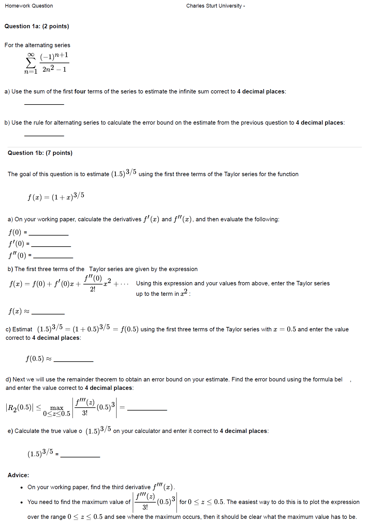Homework Question Charles Sturt University - Question 1a: (2 points) For