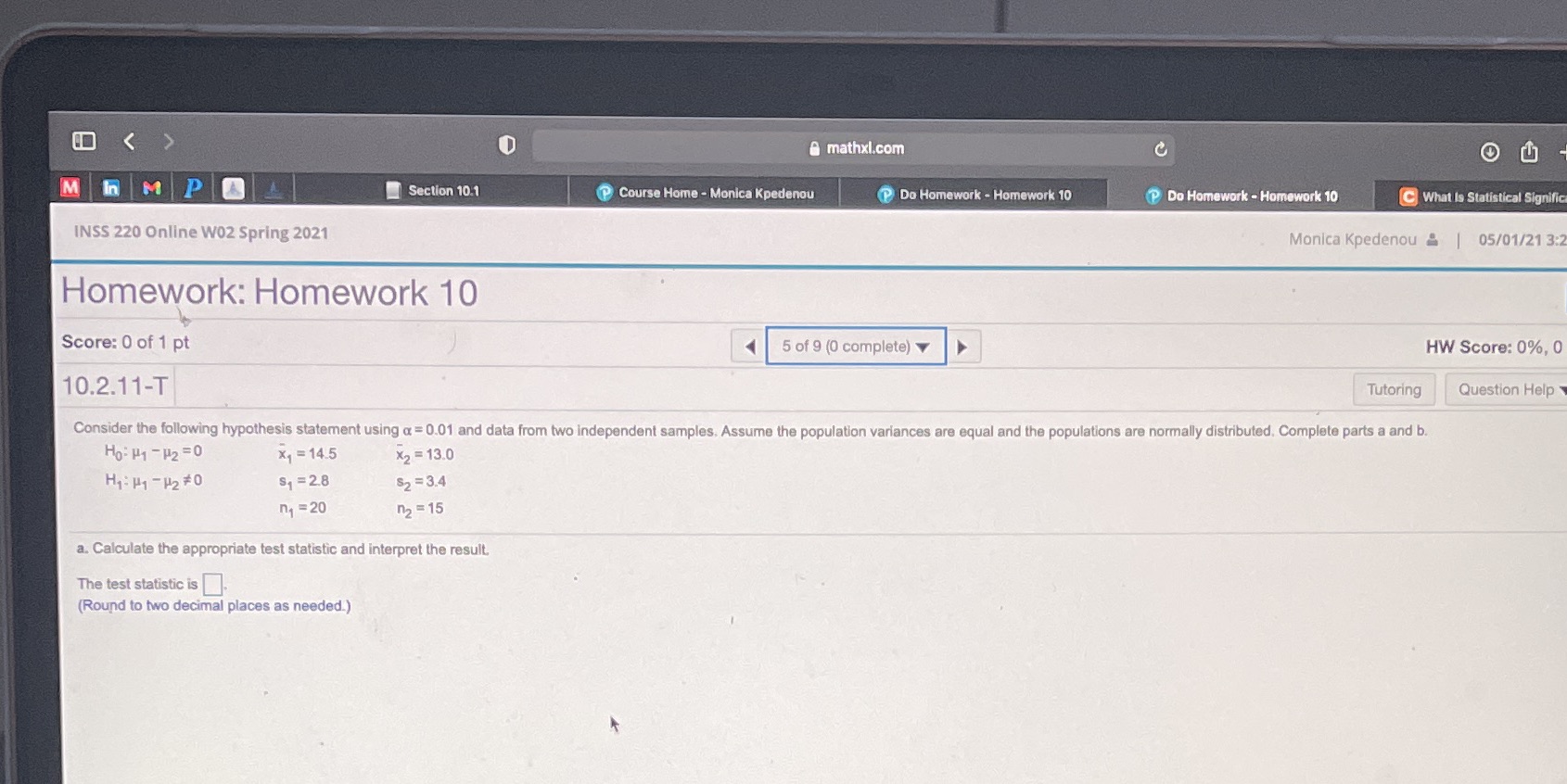  O @ mathxl.com Ou M in M P Section 10.1 Course