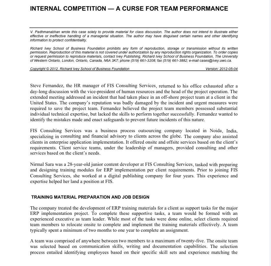 INTERNAL COMPETITION - A CURSE FOR TEAM PERFORMANCE V. Padhmanabhan wrote