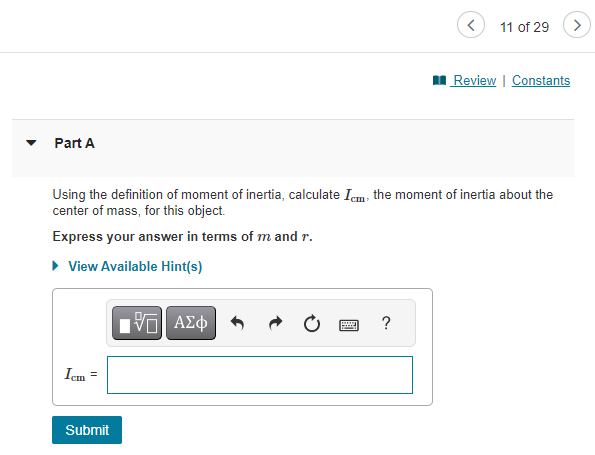 about the center of mass, for this object. Express your answer in