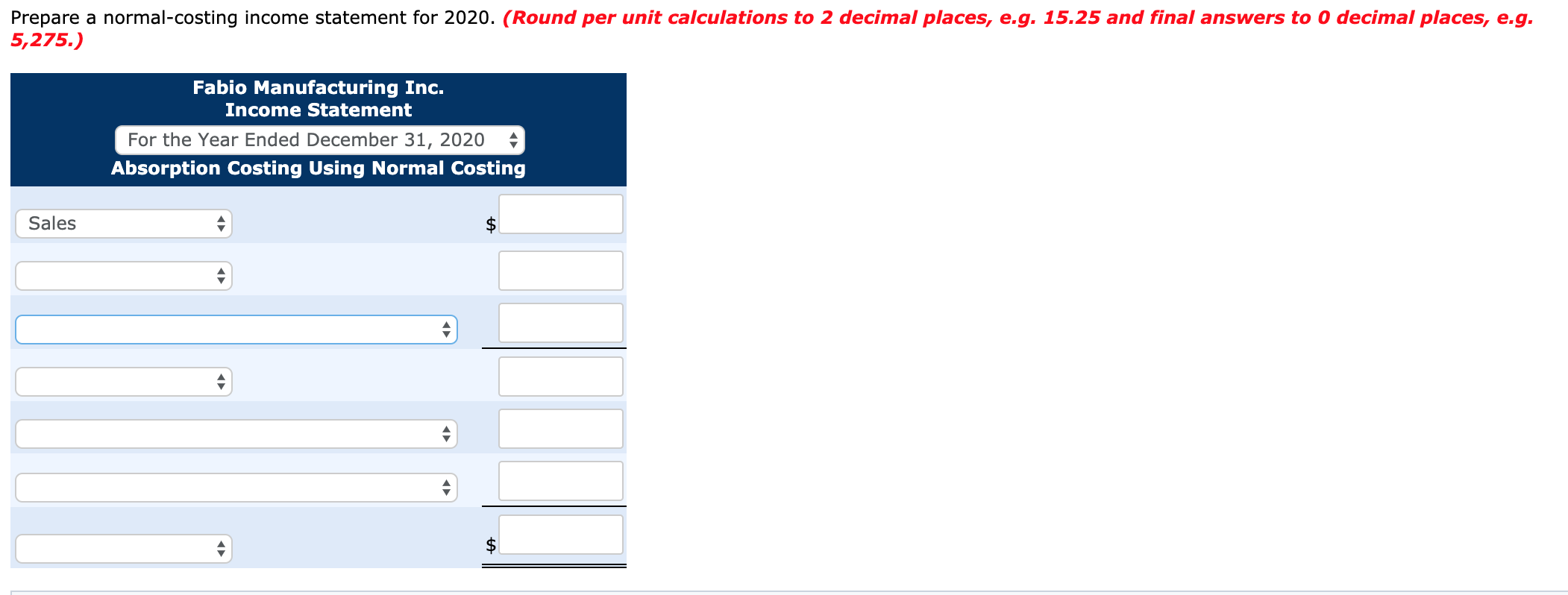 is selected data for the year ended December 31, 2020 for Fabio