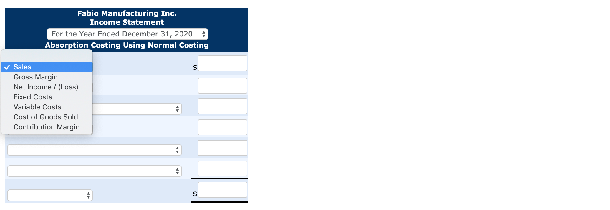 Manufacturing Inc. Selling price: $30.30 per unit Units produced 304,200; sold 268,700;