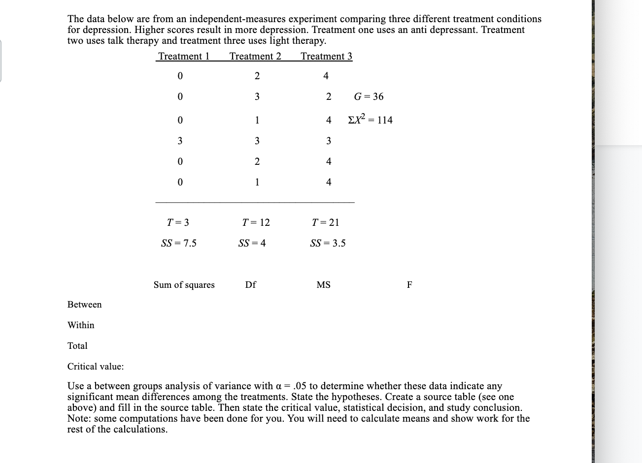  The data below are from an independent-measures experiment comparing three different
