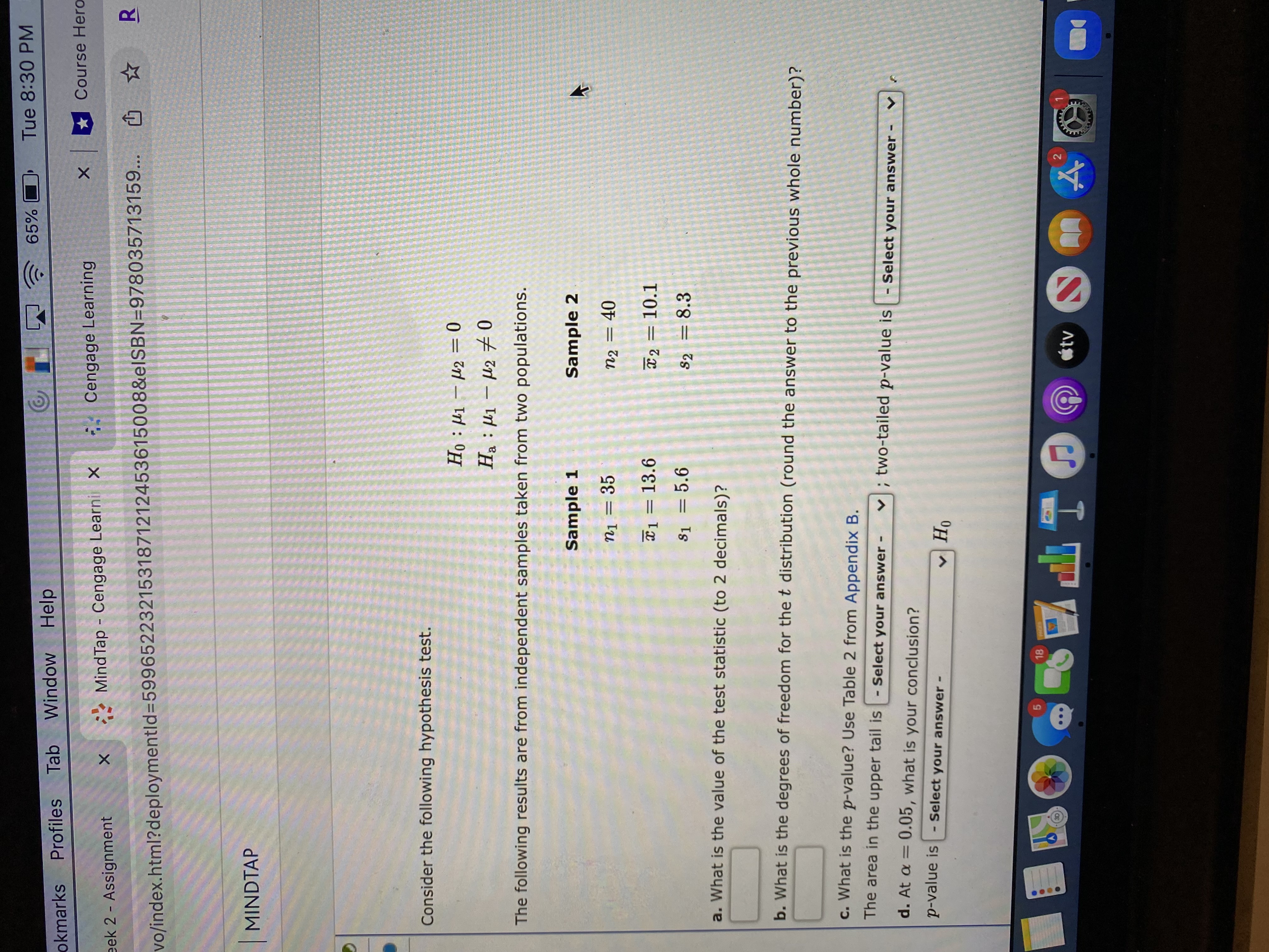 65% D Tue 8:30 PM okmarks Profiles Tab Window Help MindTap