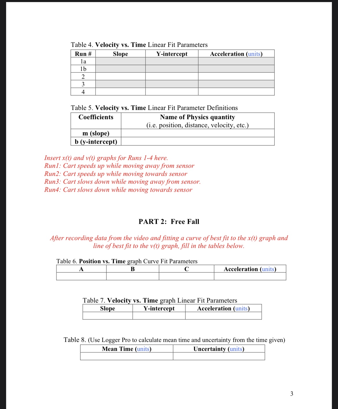  Table 4. Velocity vs. Time Linear Fit Parameters Run # Slope