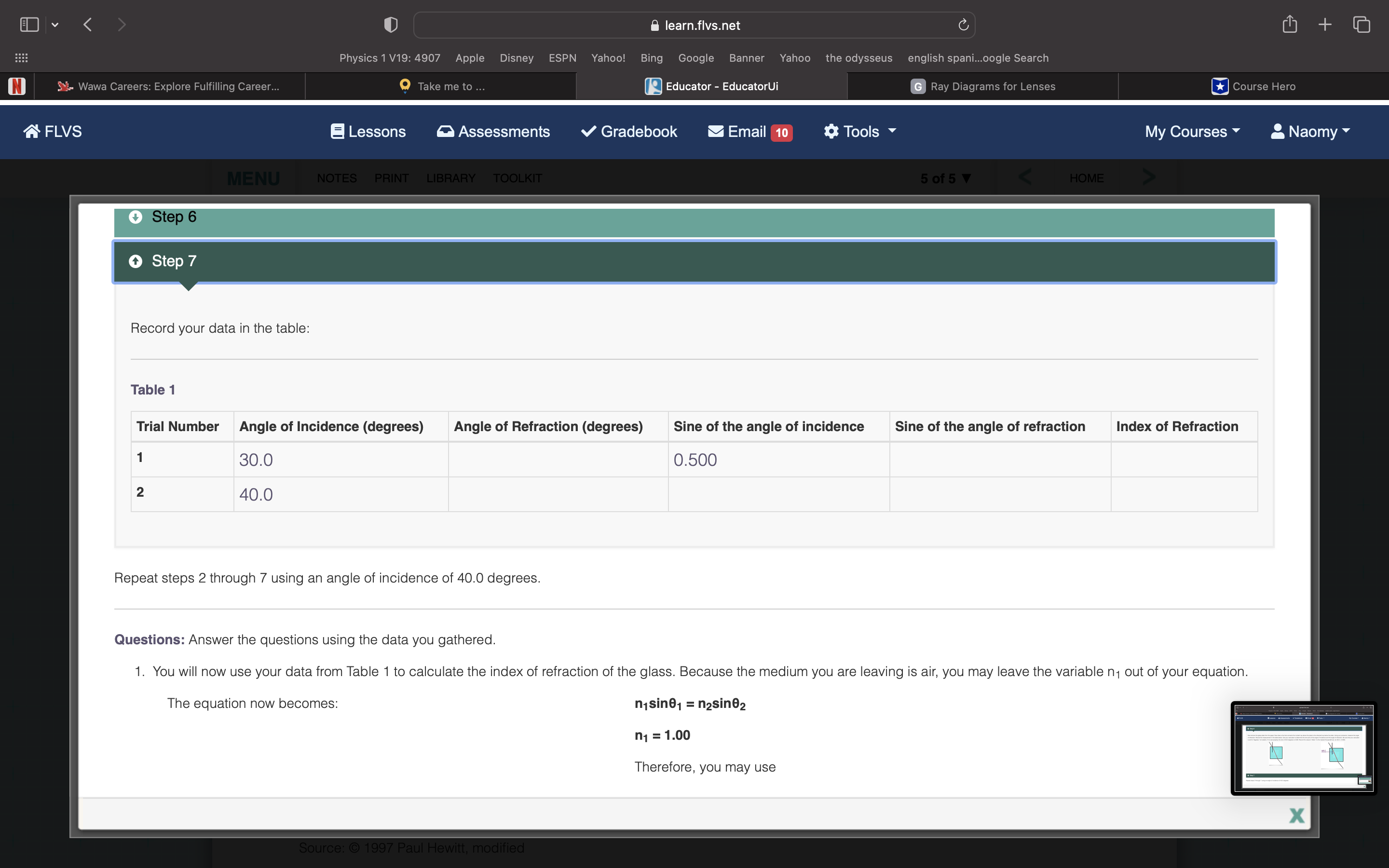 an incident ray to the left of the normal Use your protractor