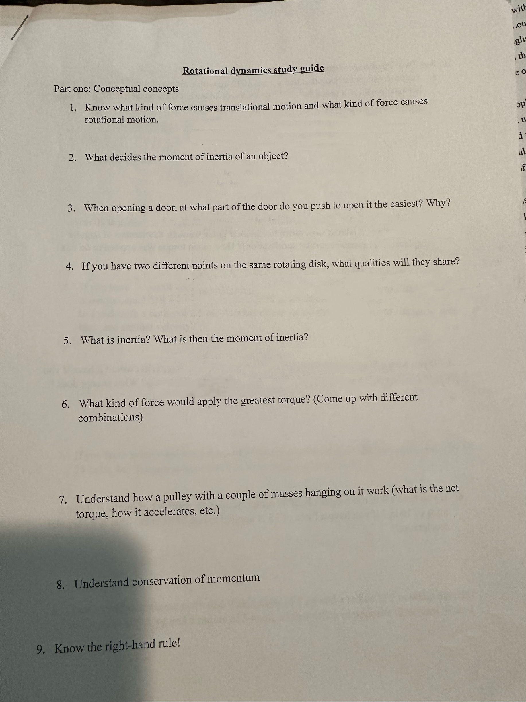 with Lou gli , th Rotational dynamics study guide Part one: