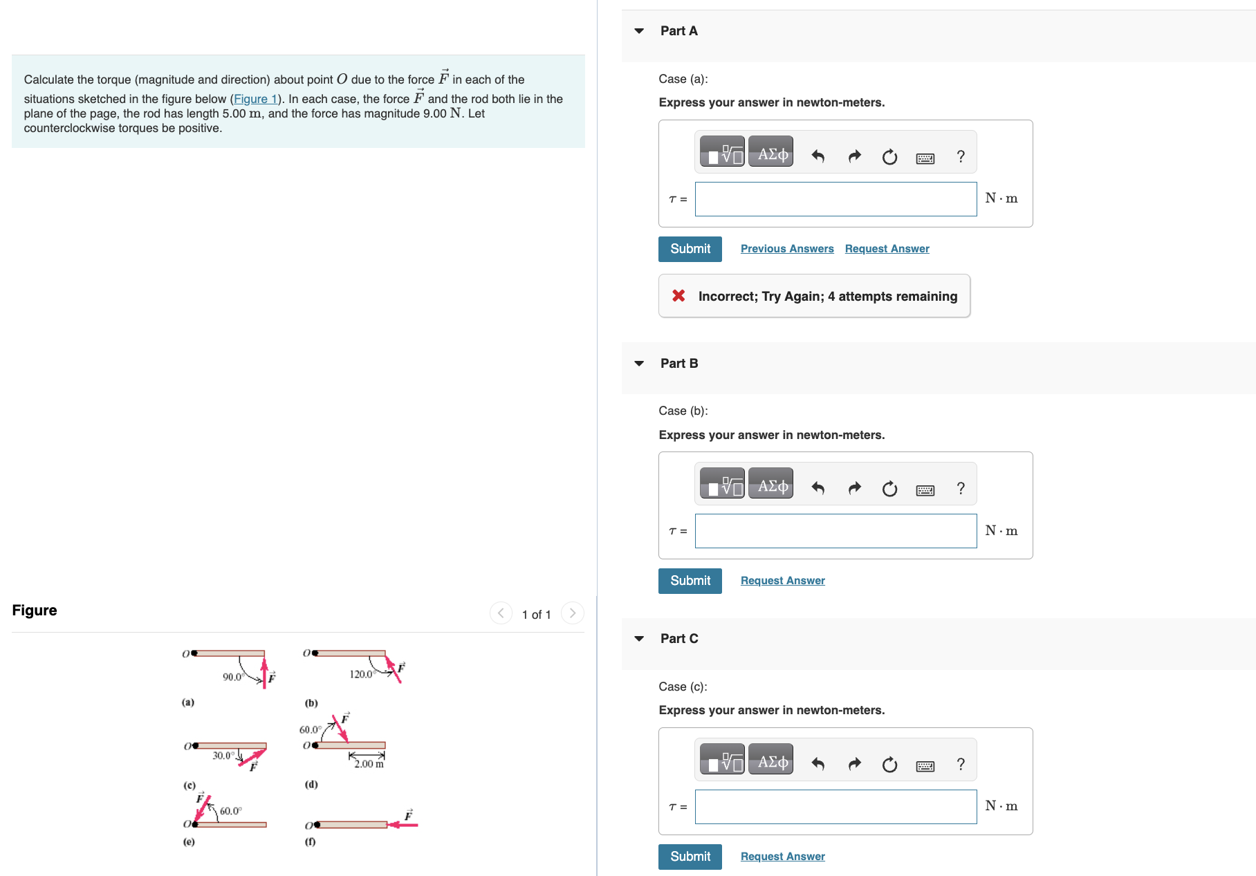 (magnitude and direction) about point O due to the force F in