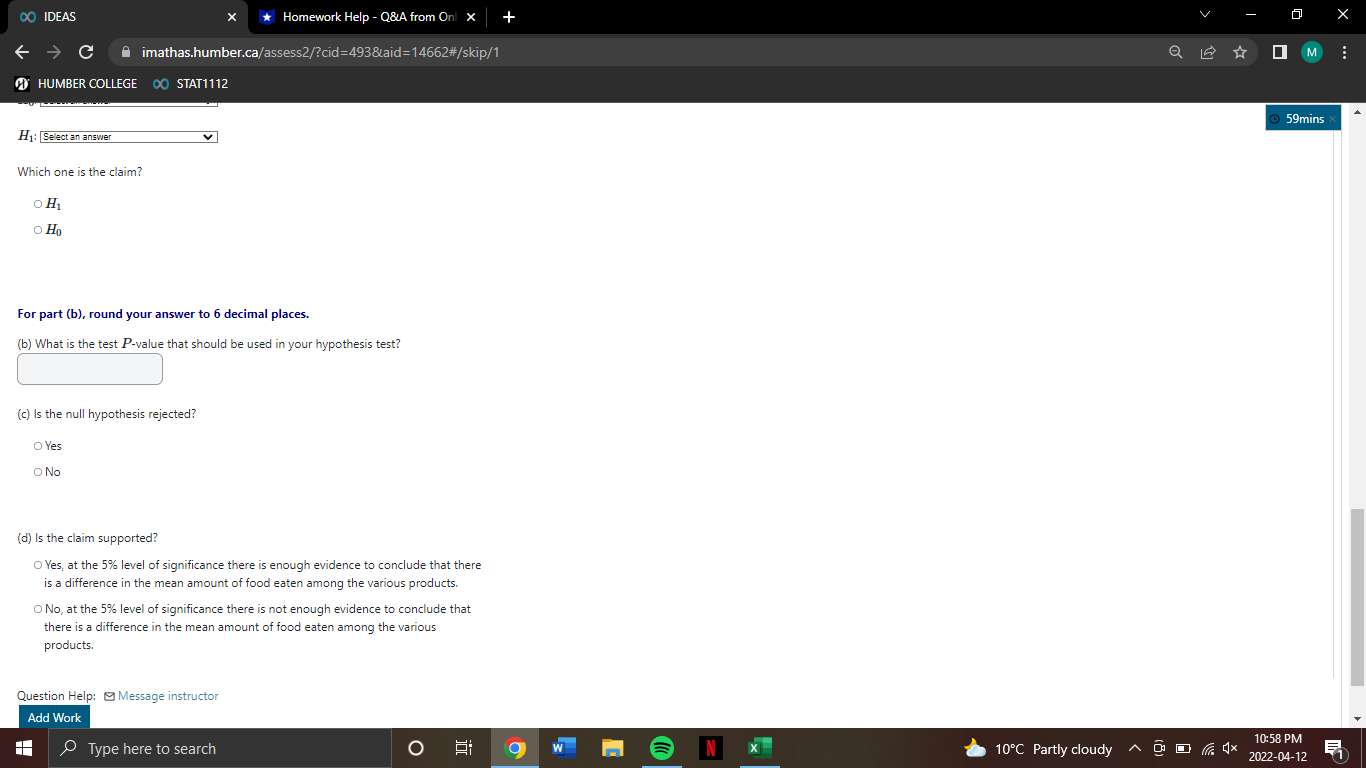 imathas.humber.ca/assess2/?cid =493&aid=14662#/skip/1 Q 2 I M HUMBER COLLEGE DO STAT1112 The Toronto
