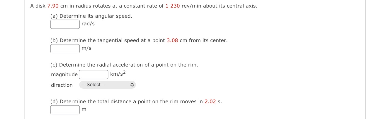  A disk 7.90 cm in radius rotates at a constant rate