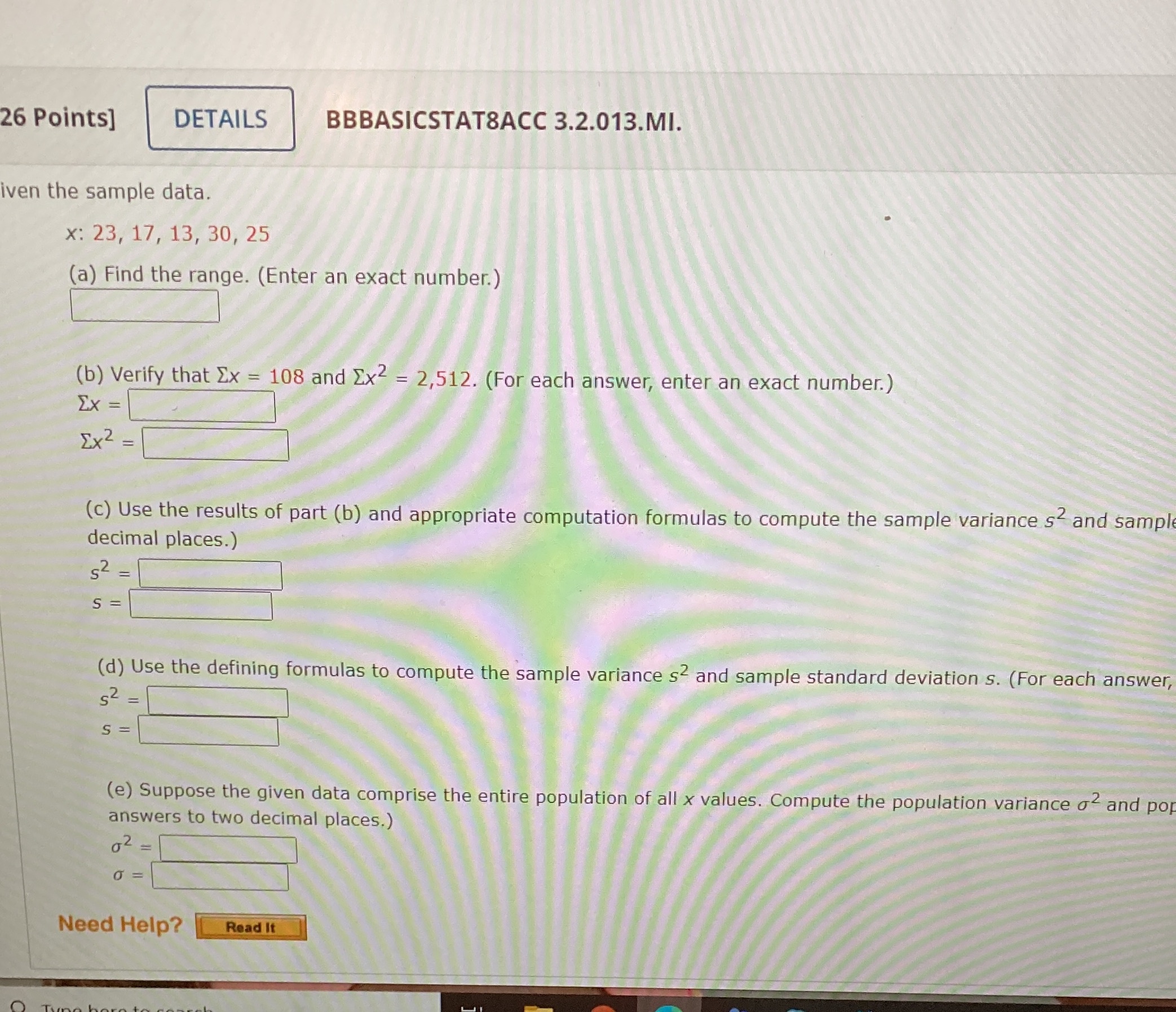  26 Points] DETAILS BBBASICSTAT8ACC 3.2.013.MI. iven the sample data. x: 23,