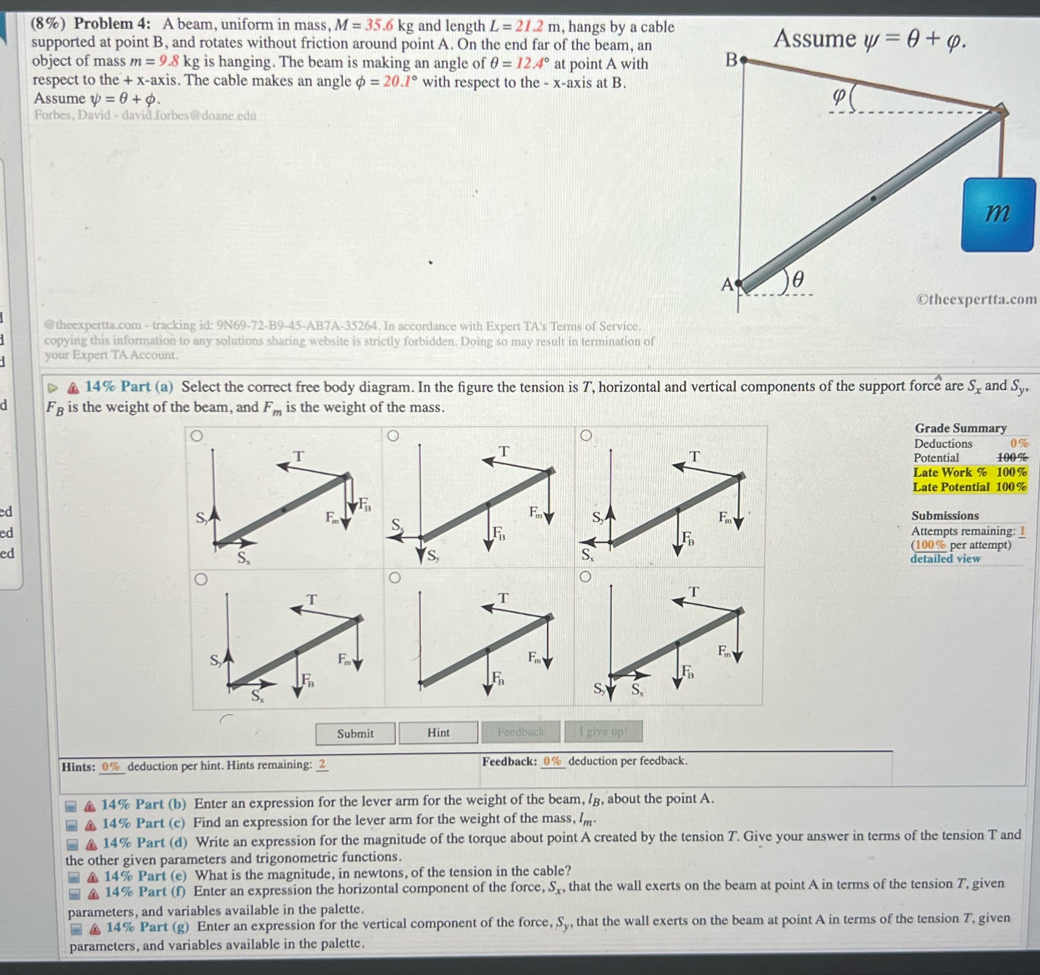 answer all part's please (8%) Problem 4: A beam, uniform in mass,