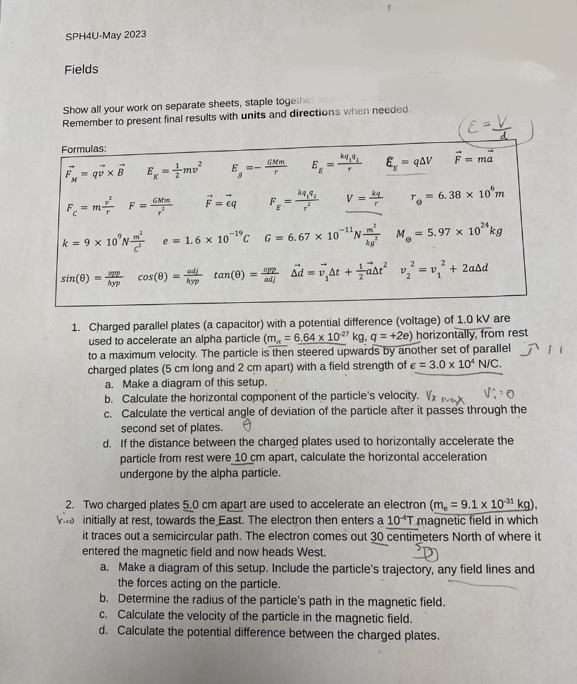 Physics Grade 12 fields Unit, answer part abcd for both question 1&2.