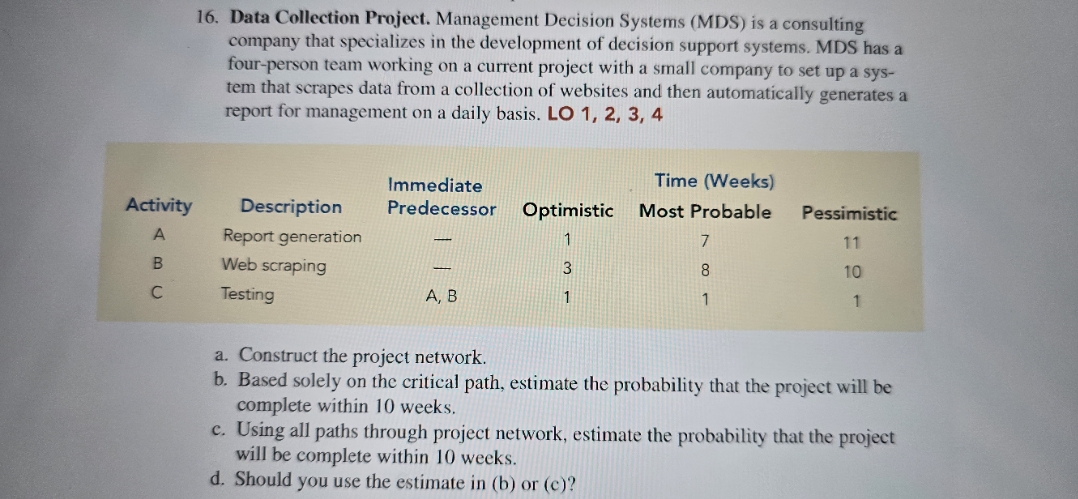 16. Data Collection Project. Management Decision Systems (MDS) is a consulting