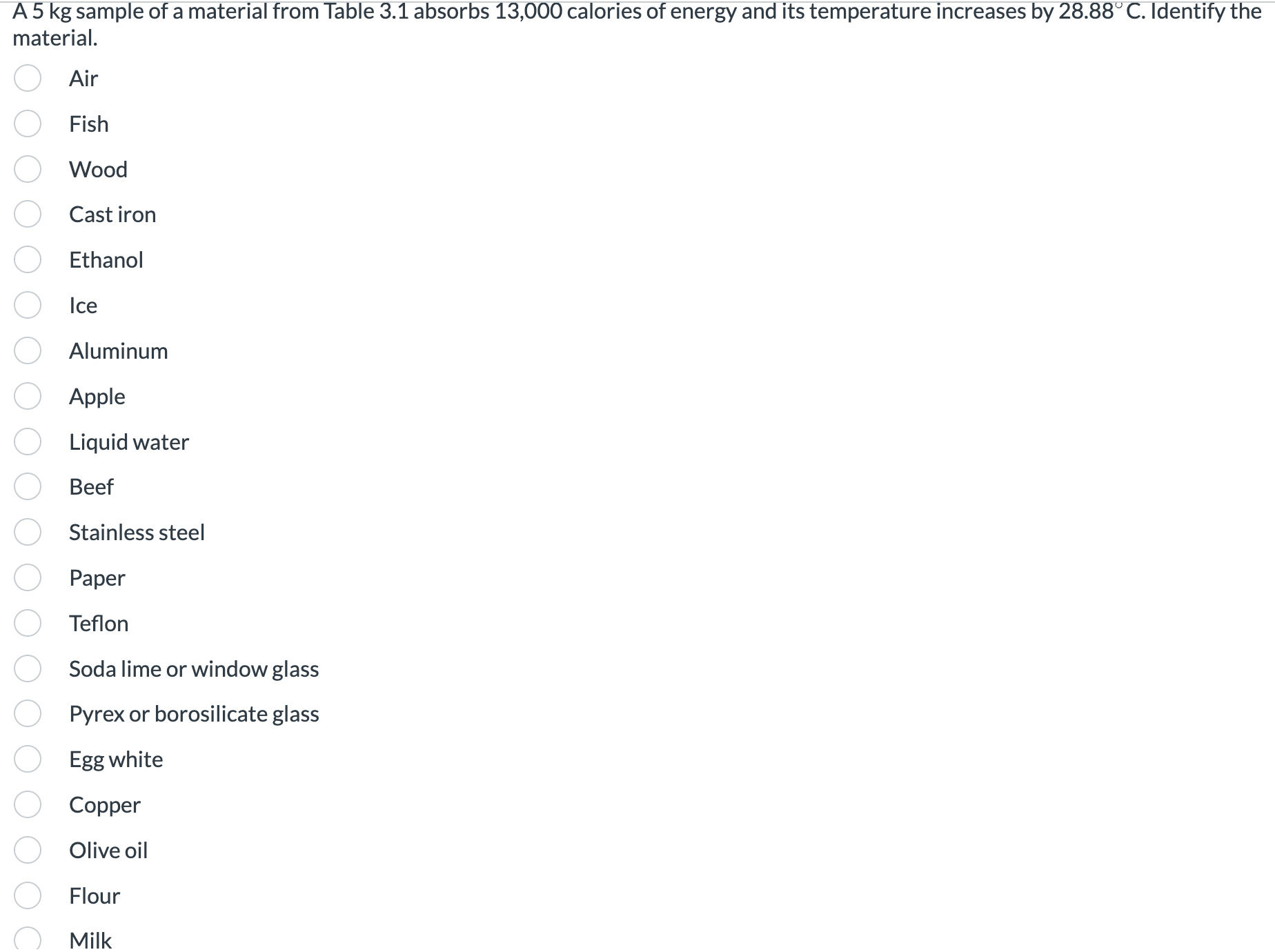  A 5 kg sample of a material from Table 3.1 absorbs