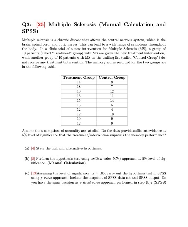  Q3: [25] Multiple Sclerosis (Manual Calculation and SPSS) Multiple sclerosis is