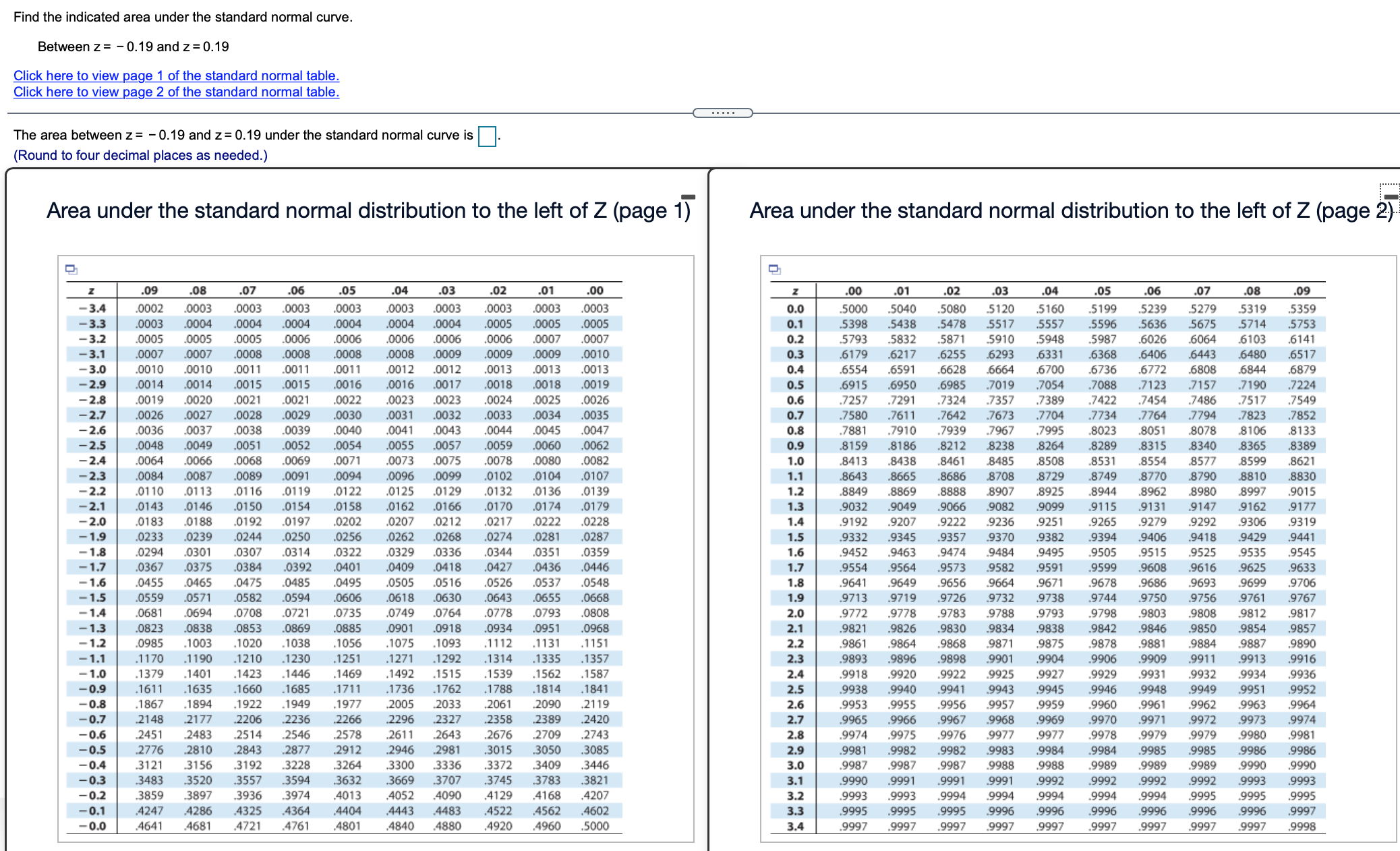Question 1 Find the indicated area under the standard normal curve. Between