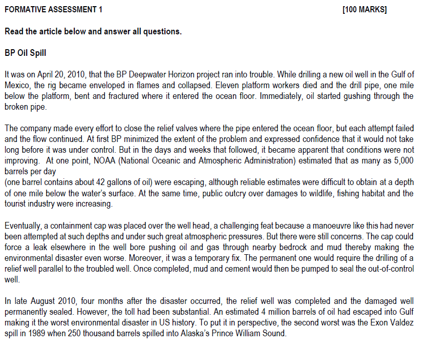  FORMATIVE ASSESSMENT 1 [100 MARKS] Read the article below and answer