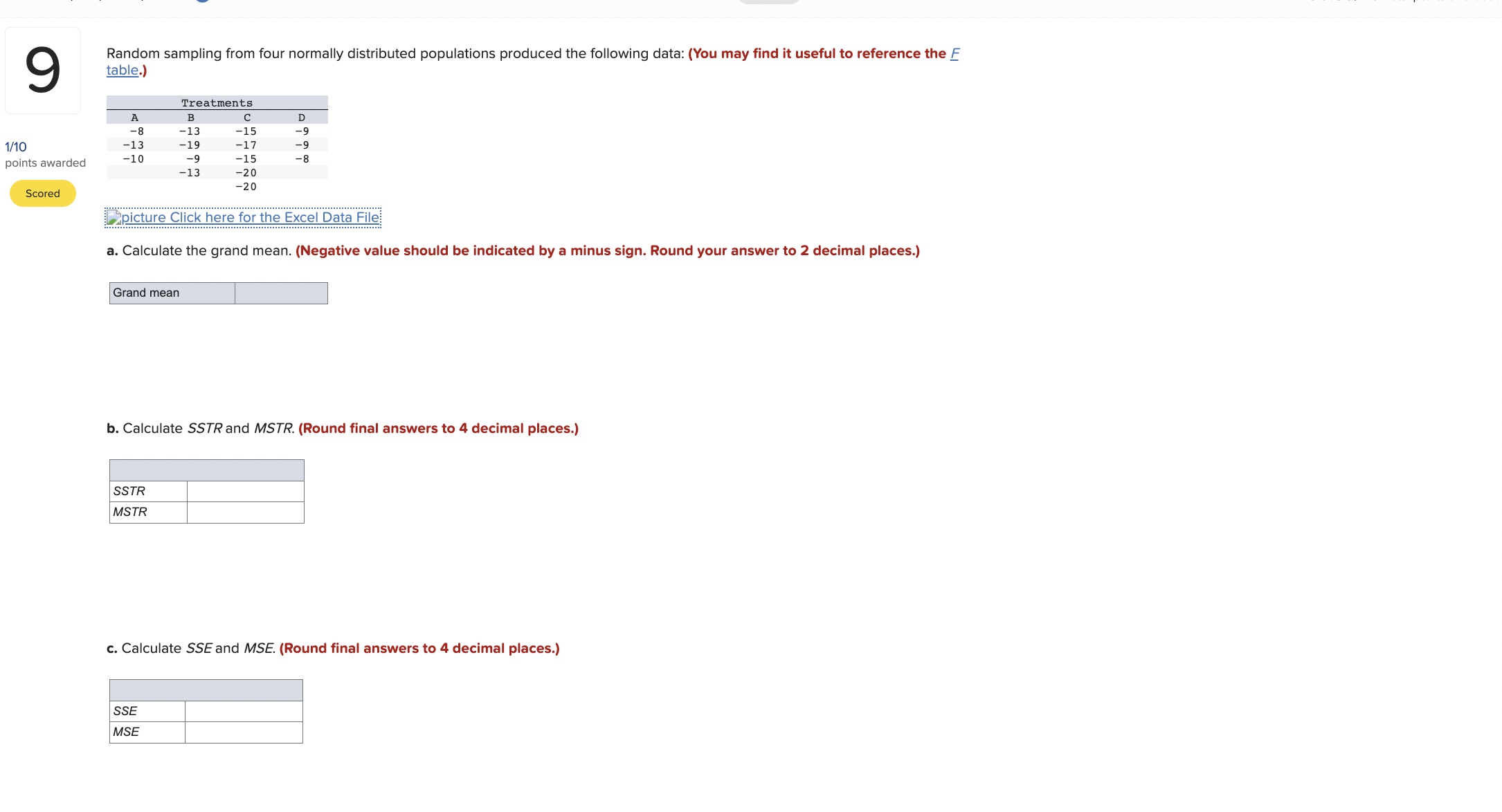  9 Random sampling from four normally distributed populations produced the following