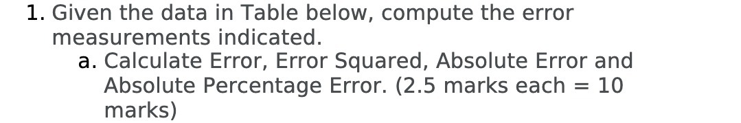  1. Given the data in Table below, compute the error measurements