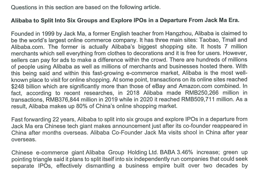 Questions in this section are based on the following article. Alibaba