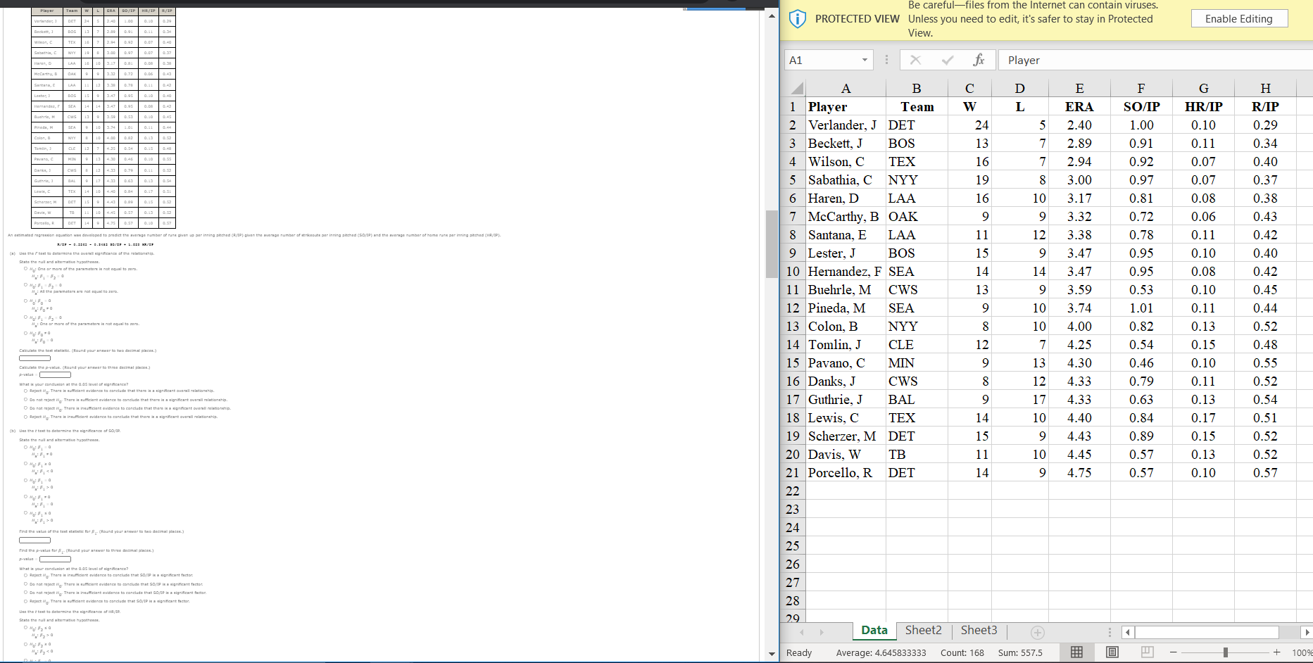 Please help.Data for problem Player Team W L ERA SO/IP HR/IP R/IP