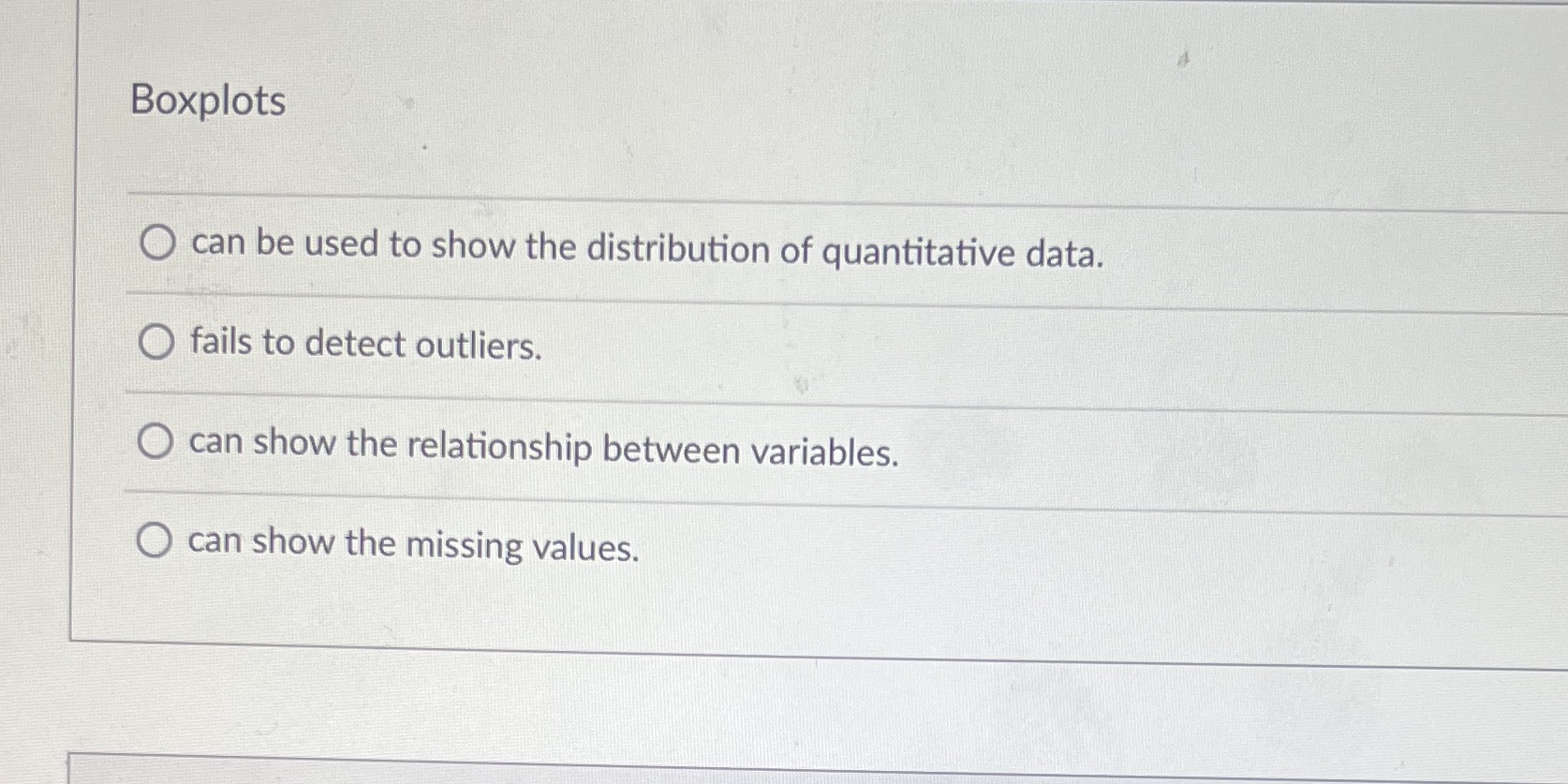 Please just answer no explanation needed thanks Boxplots O can be used