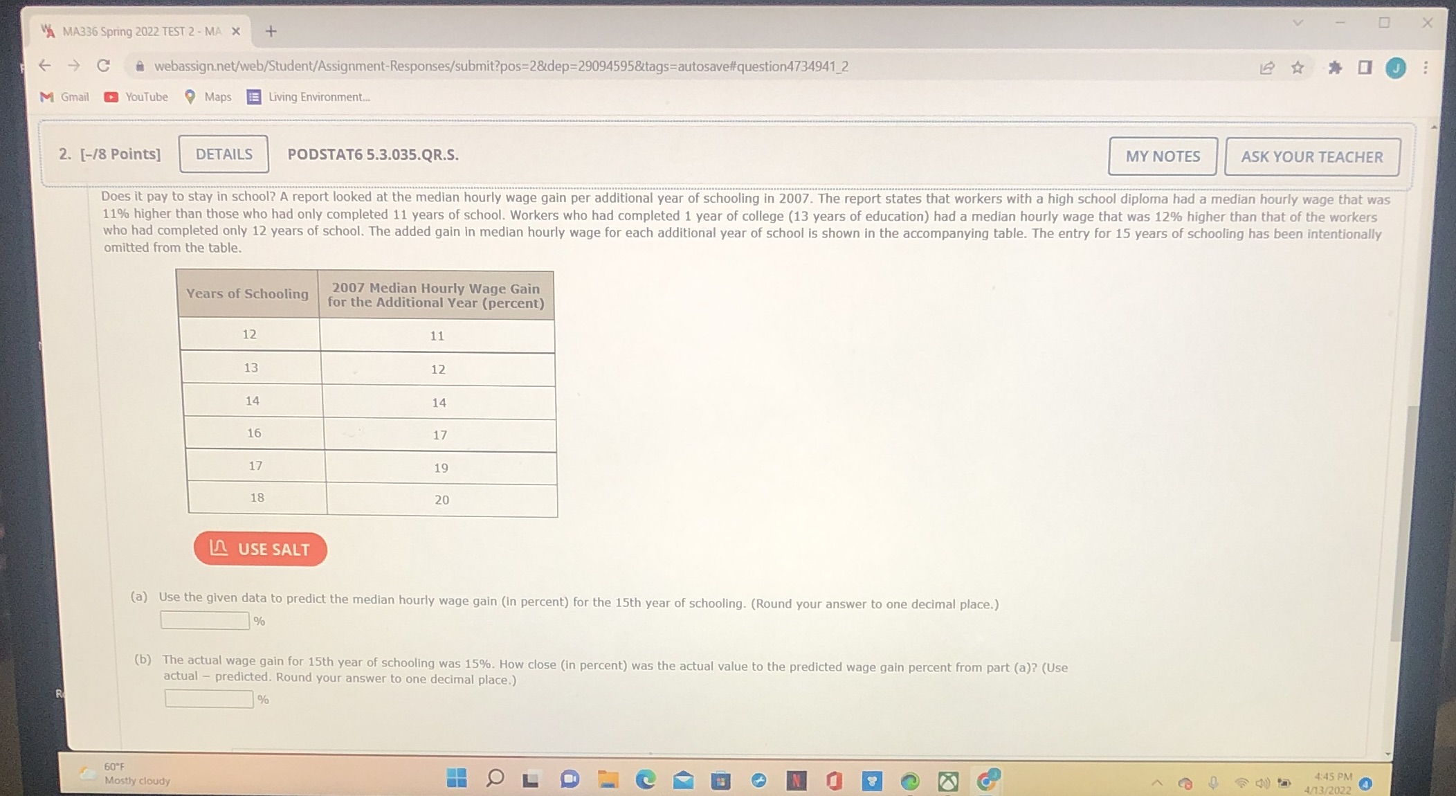 V X AMA336 Spring 2022 TEST 2 - MA X +