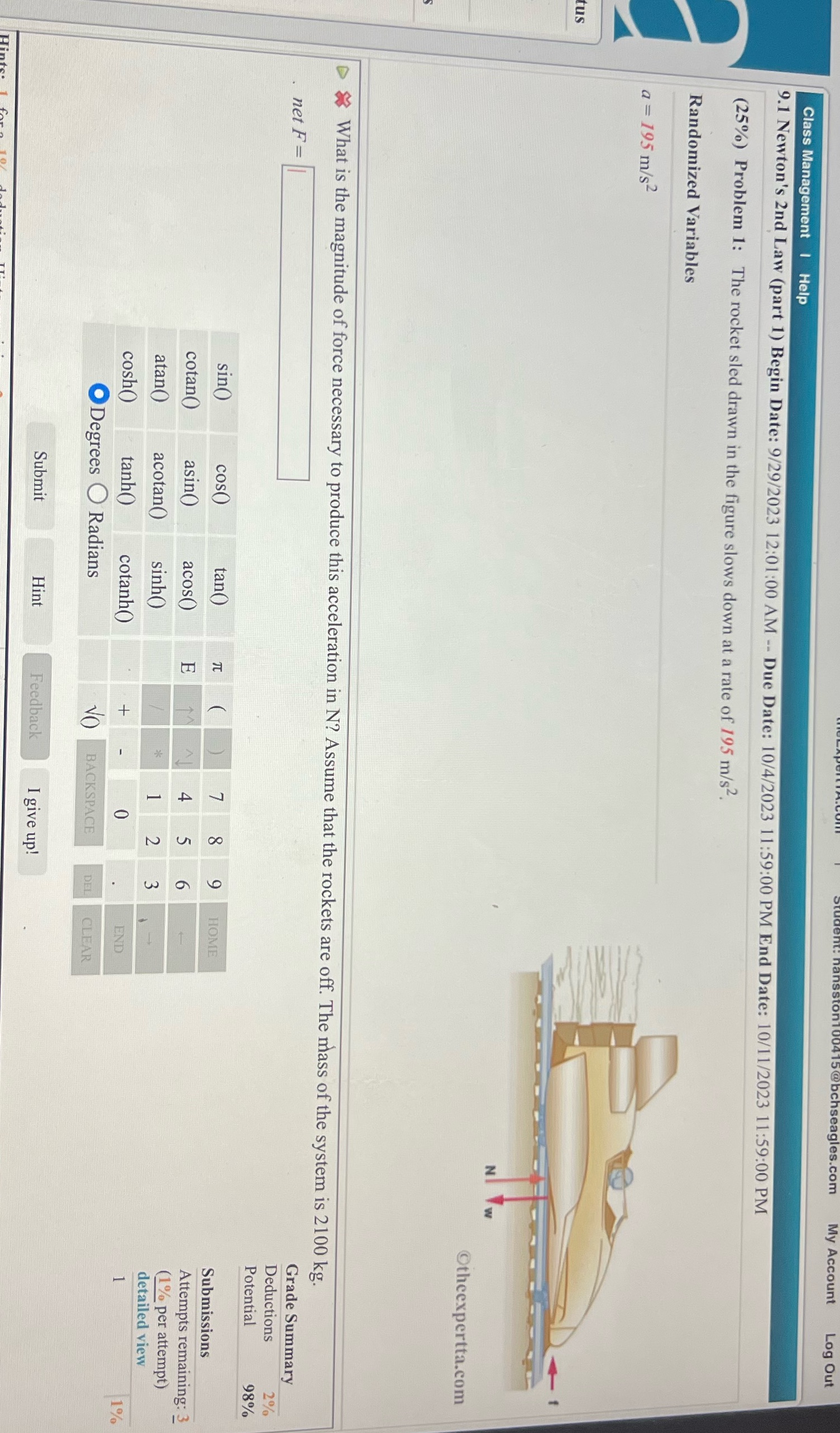  y Account Log Out Class Management | Help 9.1 Newton's 2nd