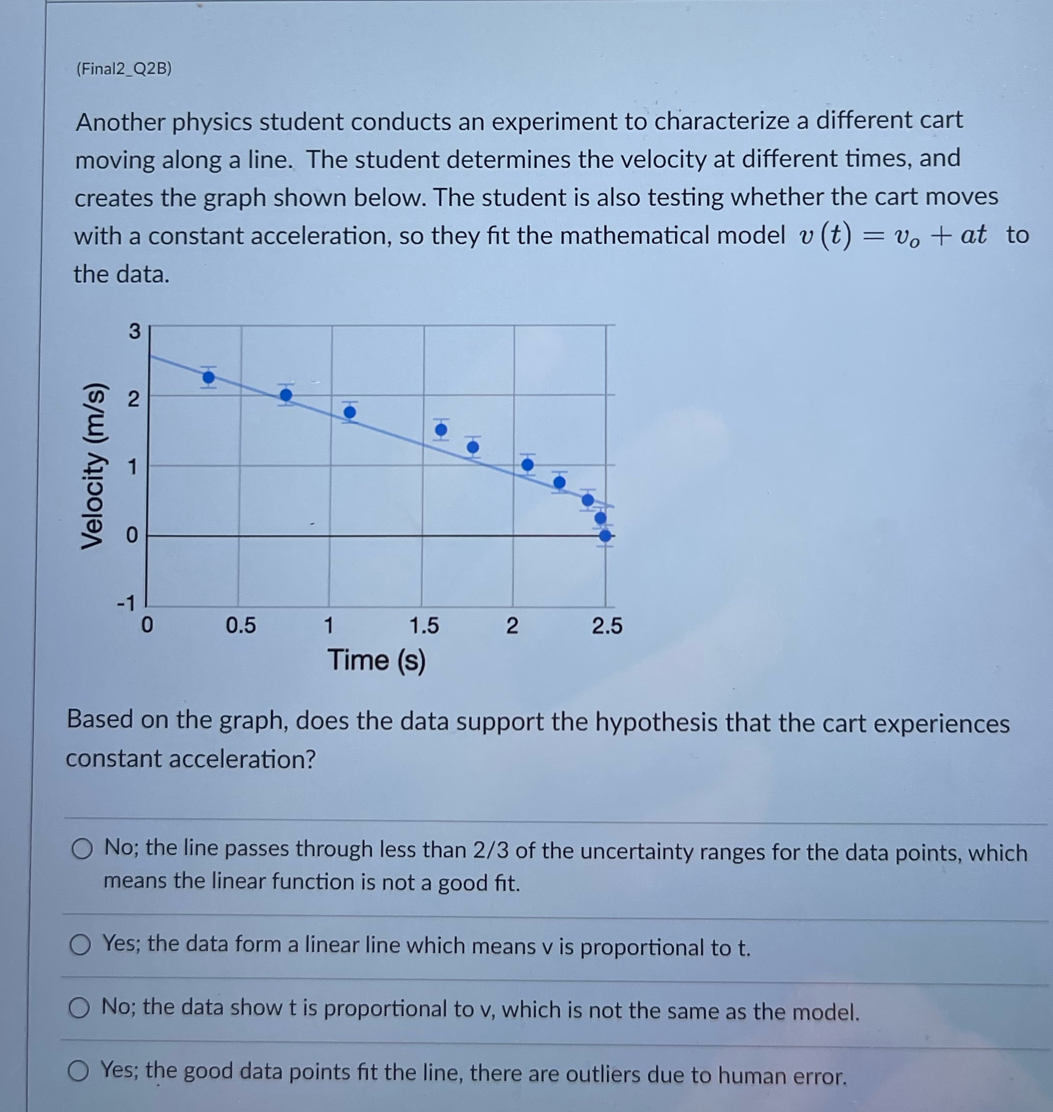  (Final2_Q2B) Another physics student conducts an experiment to characterize a different