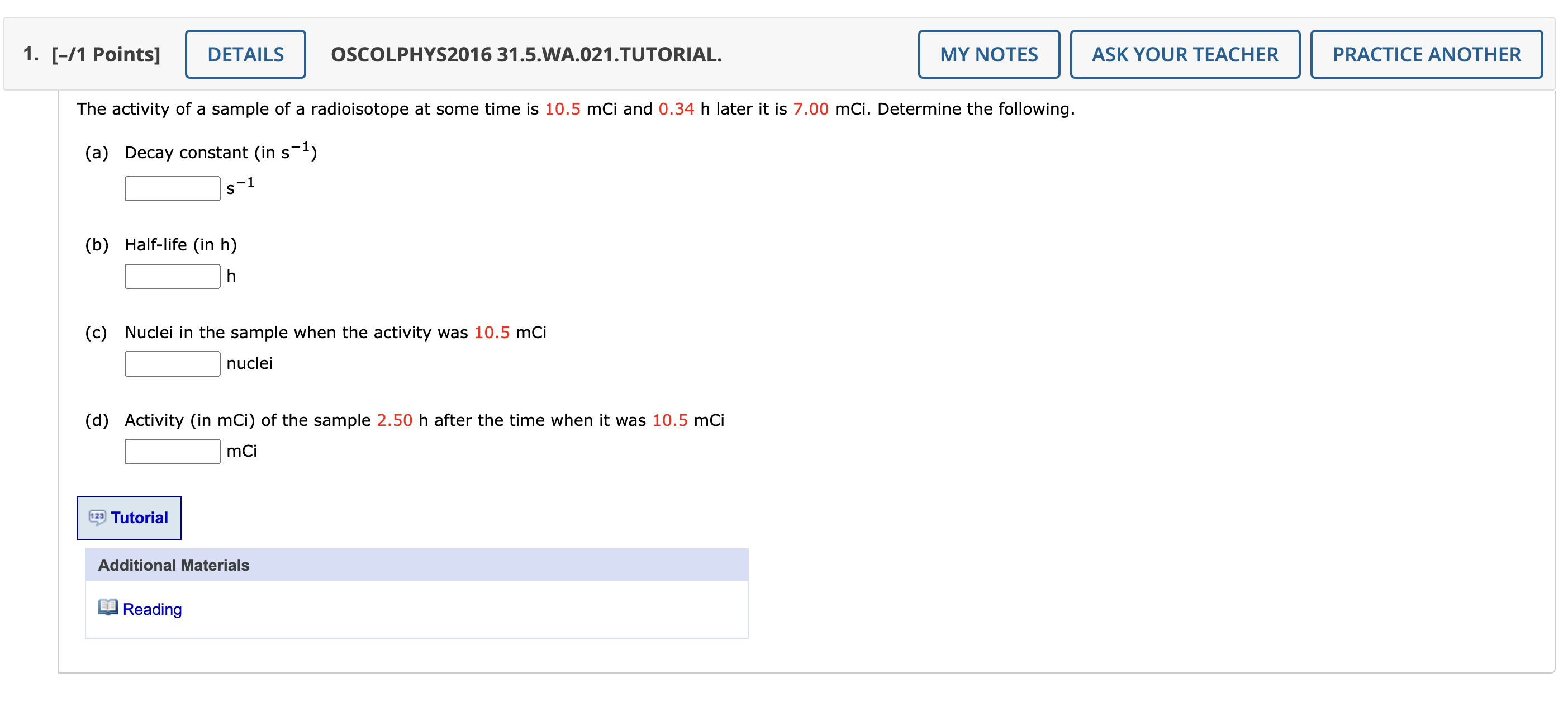  1. [-/1 Points] DETAILS OSCOLPHYS2016 31.5.WA.021.TUTORIAL. MY NOTES ASK YOUR TEACHER
