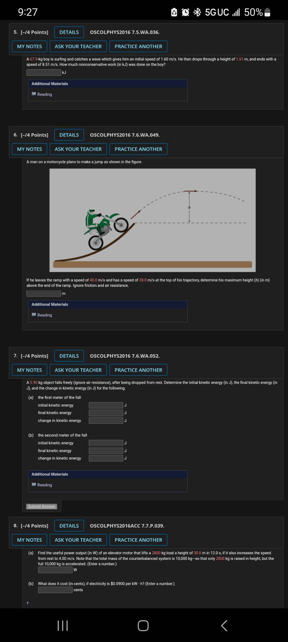 dropped frorn rest. Determine the initial kinetic energy (in J), the final