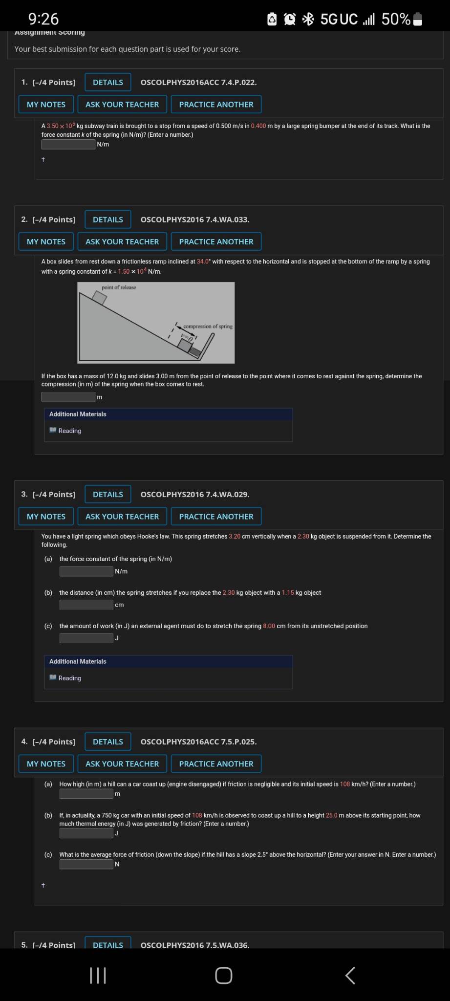 kinetic energy (in J), and the change in kinetic energy (in J)
