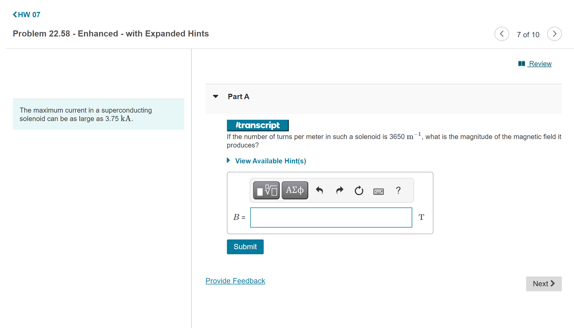  Review V Part A The maximum current in a superconducting solenoid