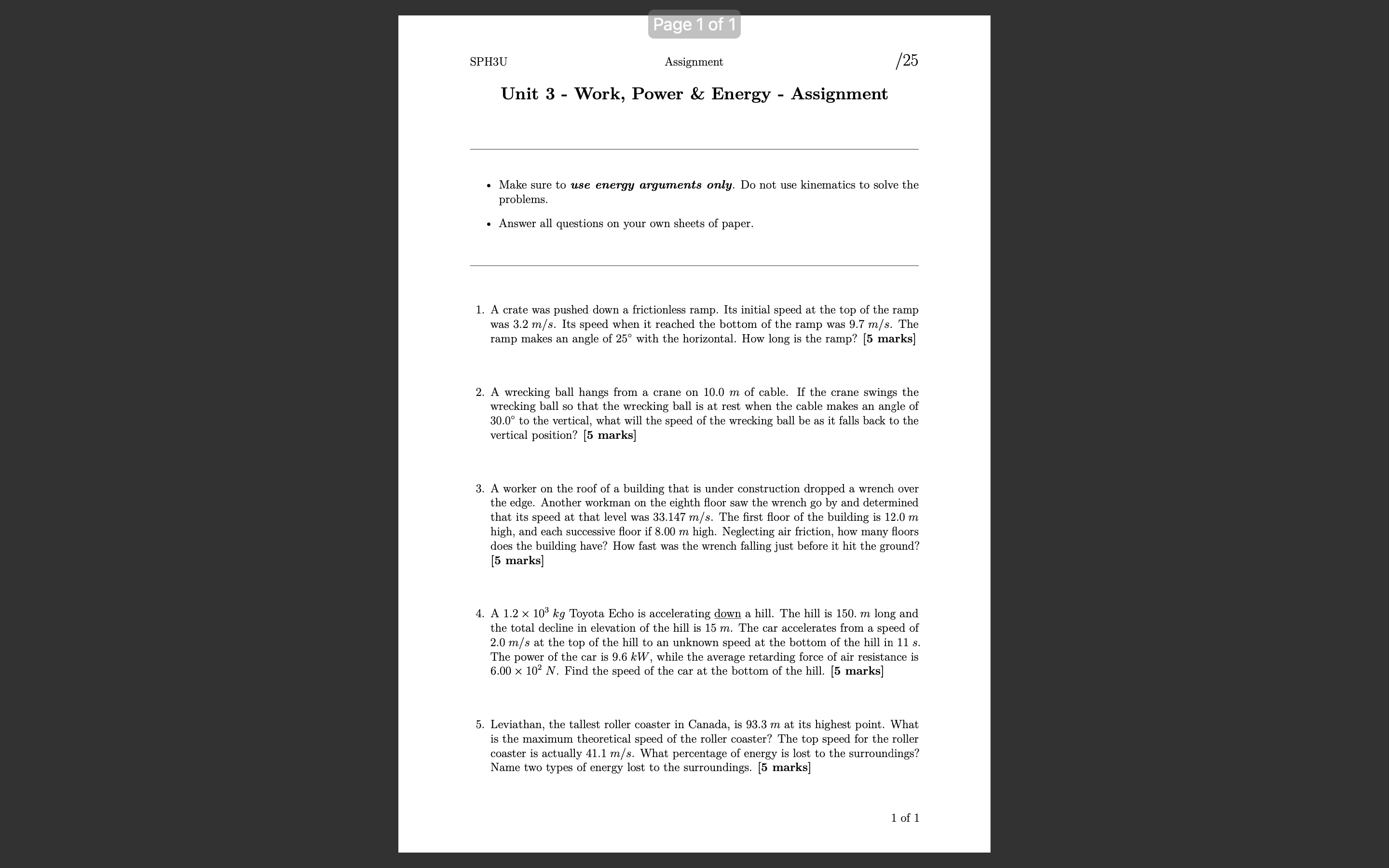  SPHSU Assignment / 25 Unit 3 - Work, Power 85 Energy