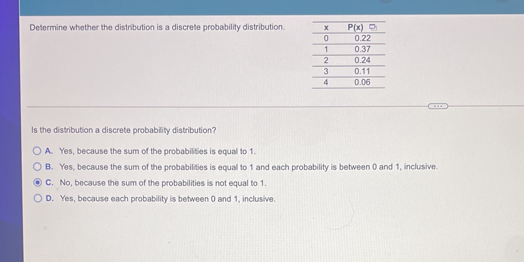  Determine whether the distribution is a discrete probability distribution. X P(x)