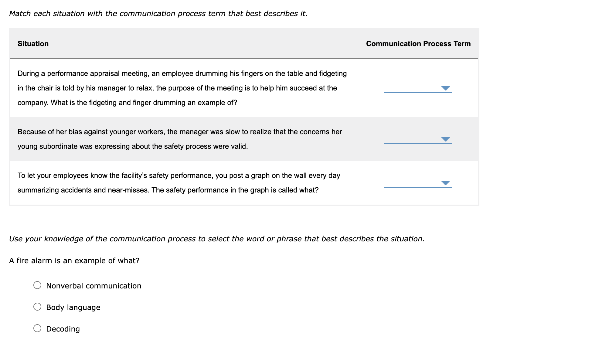 1. Match each situation with the communication process term that best describes