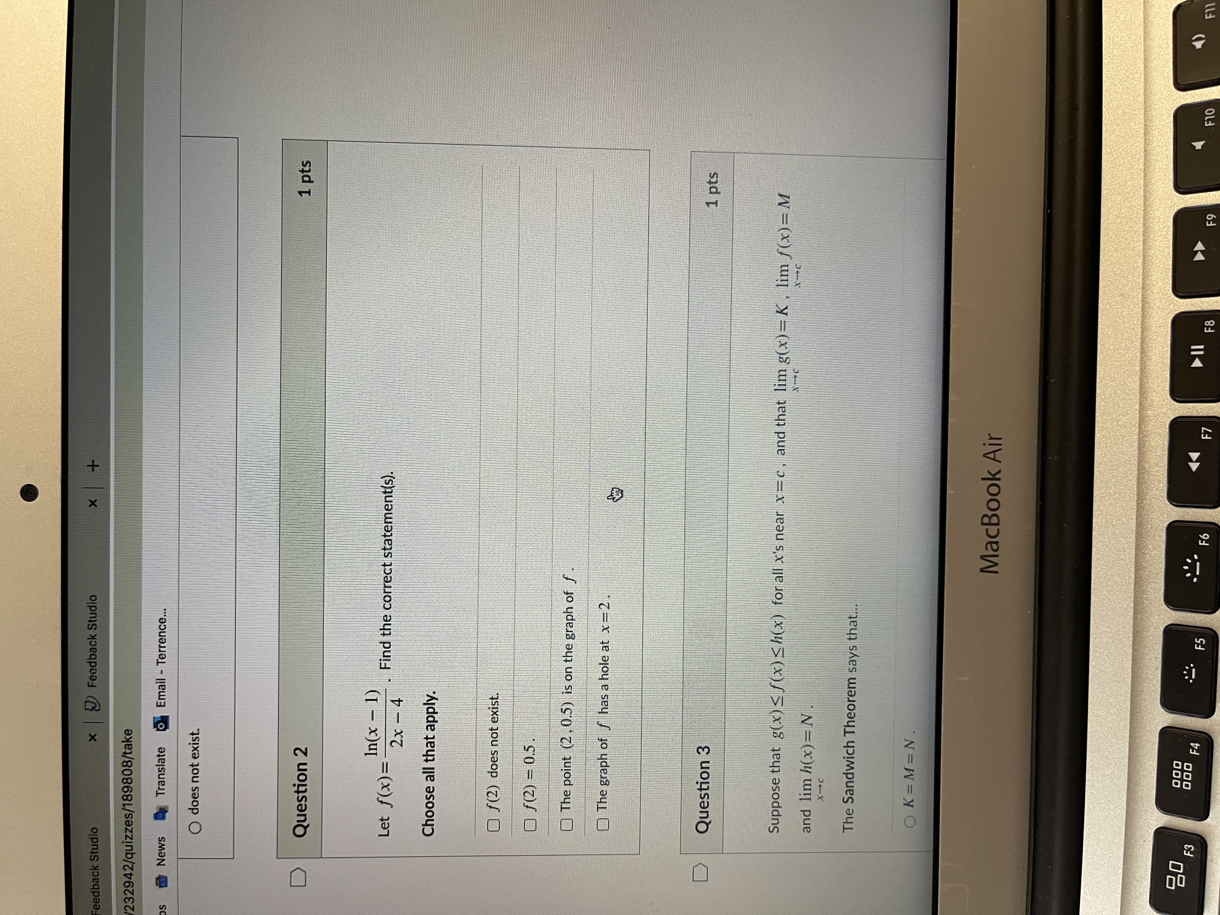 Terrence... D Question 1 1 pts In(x - 1) Here is a