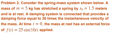  Problem 3: Consider the spring-mass system shown below. A mass of