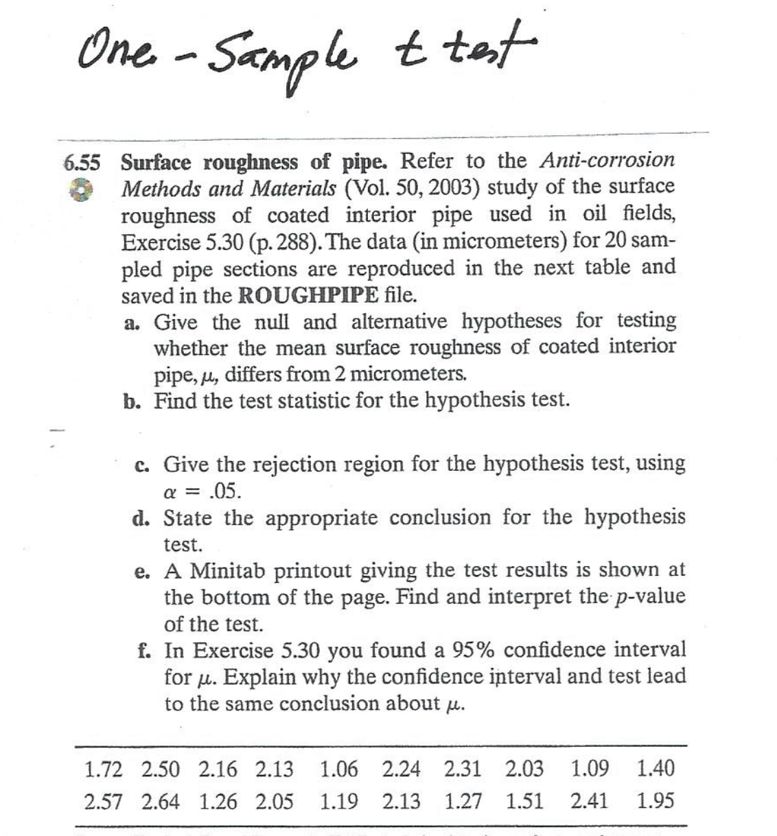  One - Sample t test 6.55 Surface roughness of pipe. Refer