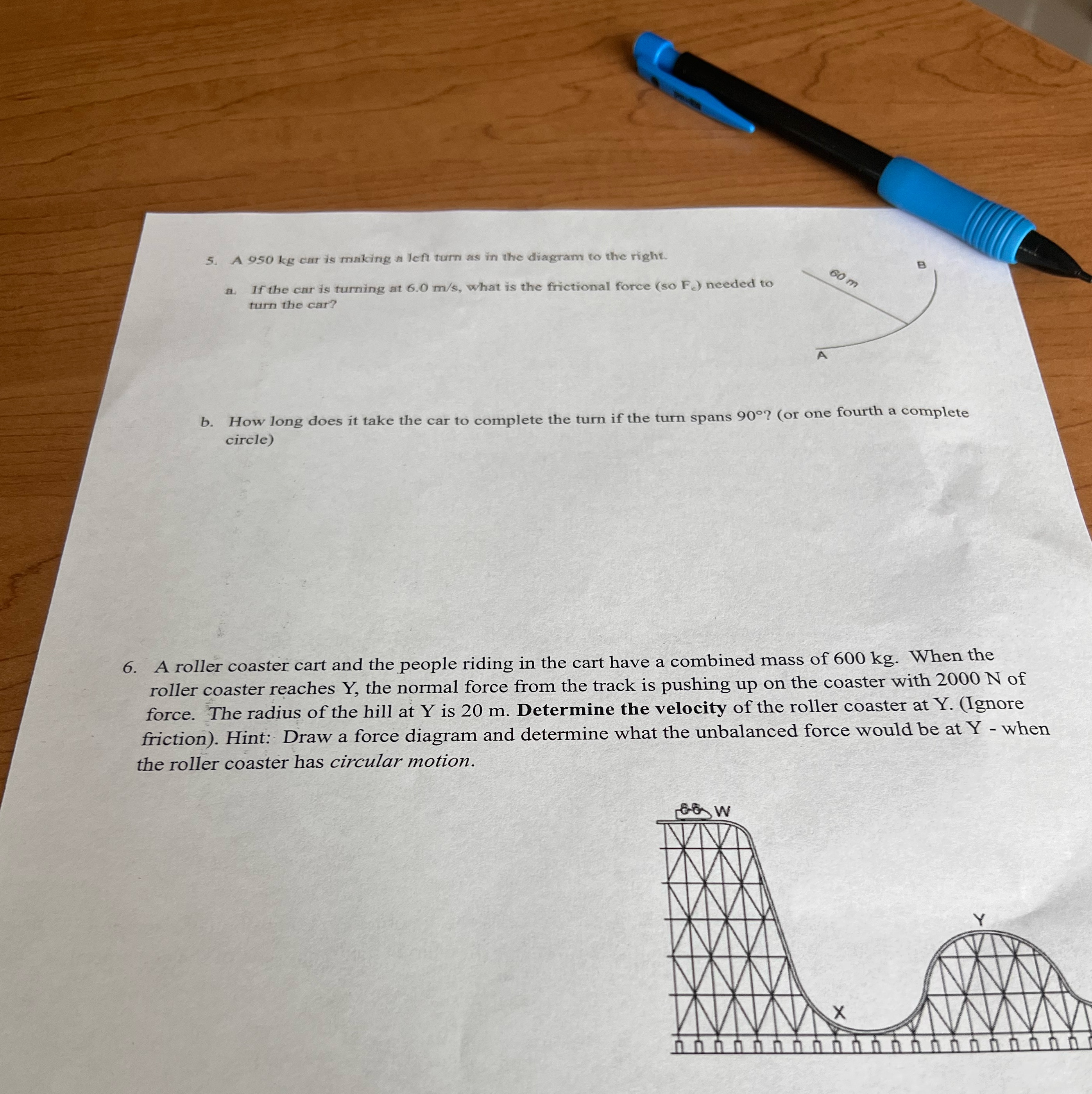 x on question 6 is at the bottom A 950 kg car