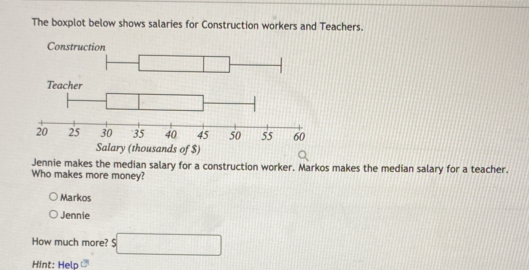 The boxplot below shows salaries for Construction workers and Teachers. Construction