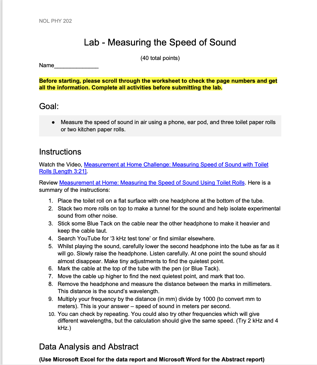 Hi, I need help with my assignment NOL PHY 202 Lab -