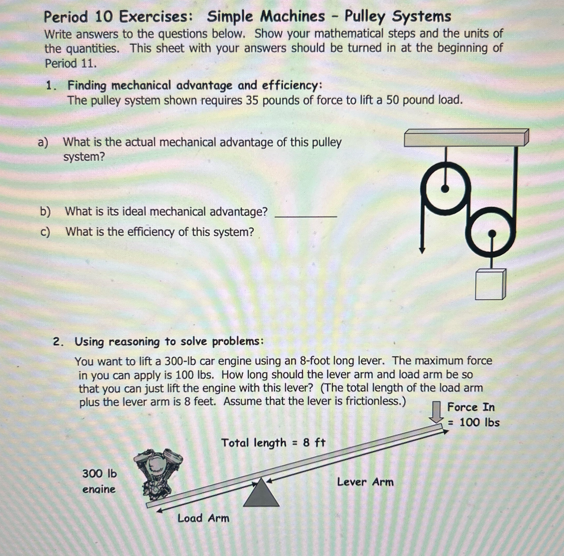 please solve Period '10 Exercises: Simple Machines - Pulley Systems White answers