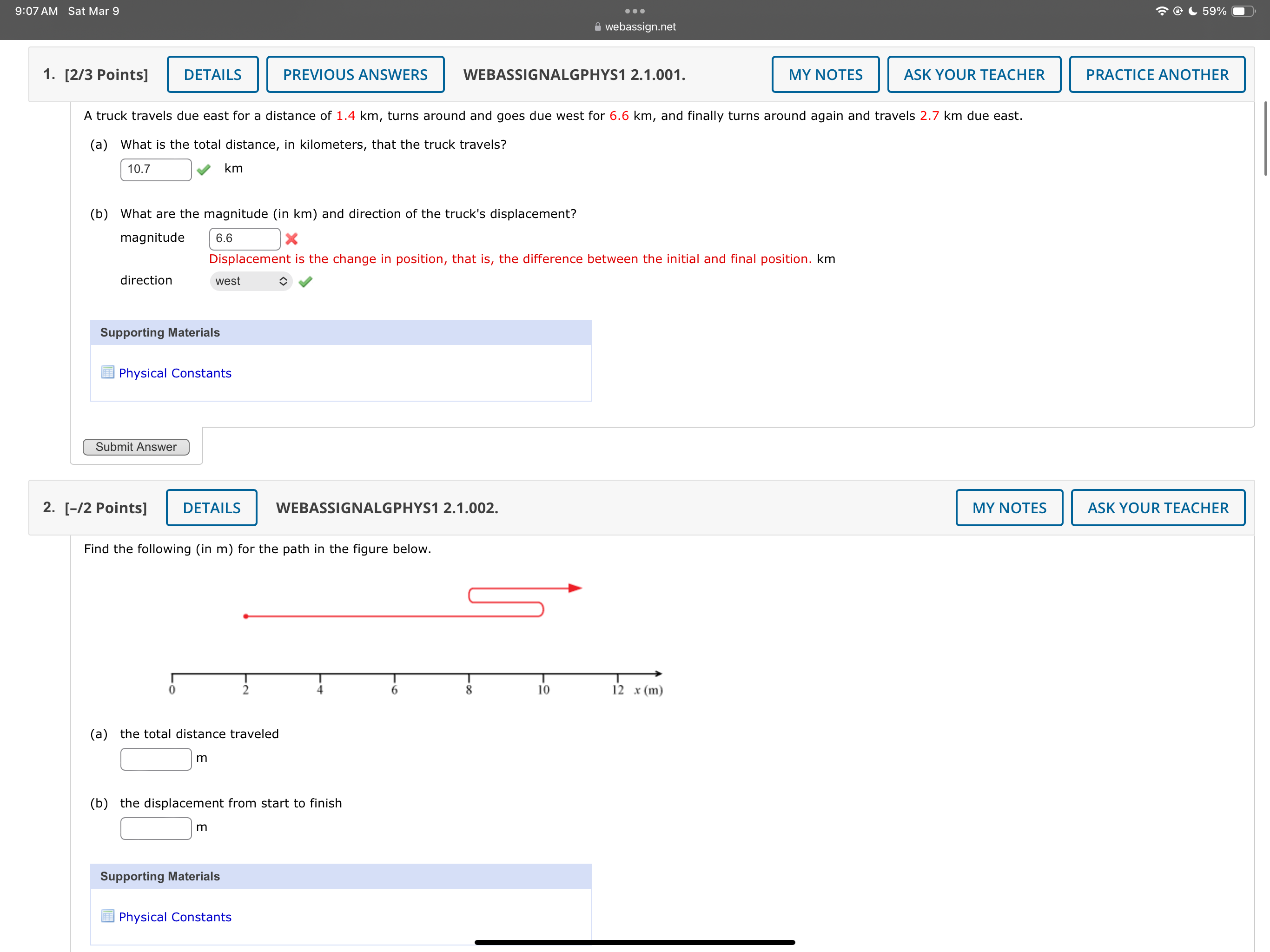 9:07AM Sat Mar 9 eoe T@C59% @) & webassign.net PREVIOUS ANSWERS